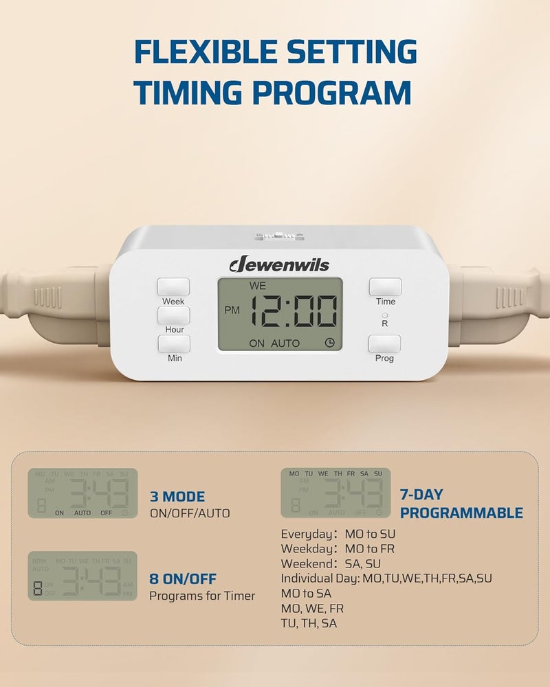 DEWENWILS 7 Day Heavy Duty Timers for Electrical Outlets, Dual Outlet Digital Timer, 3 Prong Programmable Light Timer for Indoor Lamp, Light, Fan, Pets, Home, Kitchen, Office, 125V 60Hz, 1 Pack - Image 2